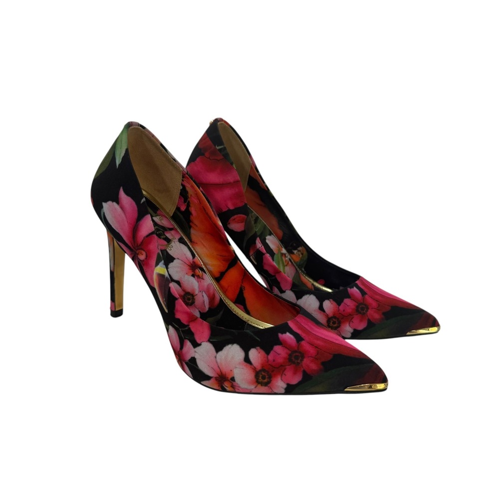 Ted Baker London Floral Pointed Toe Party Pumps Black Pink Gold Stiletto Heels 7